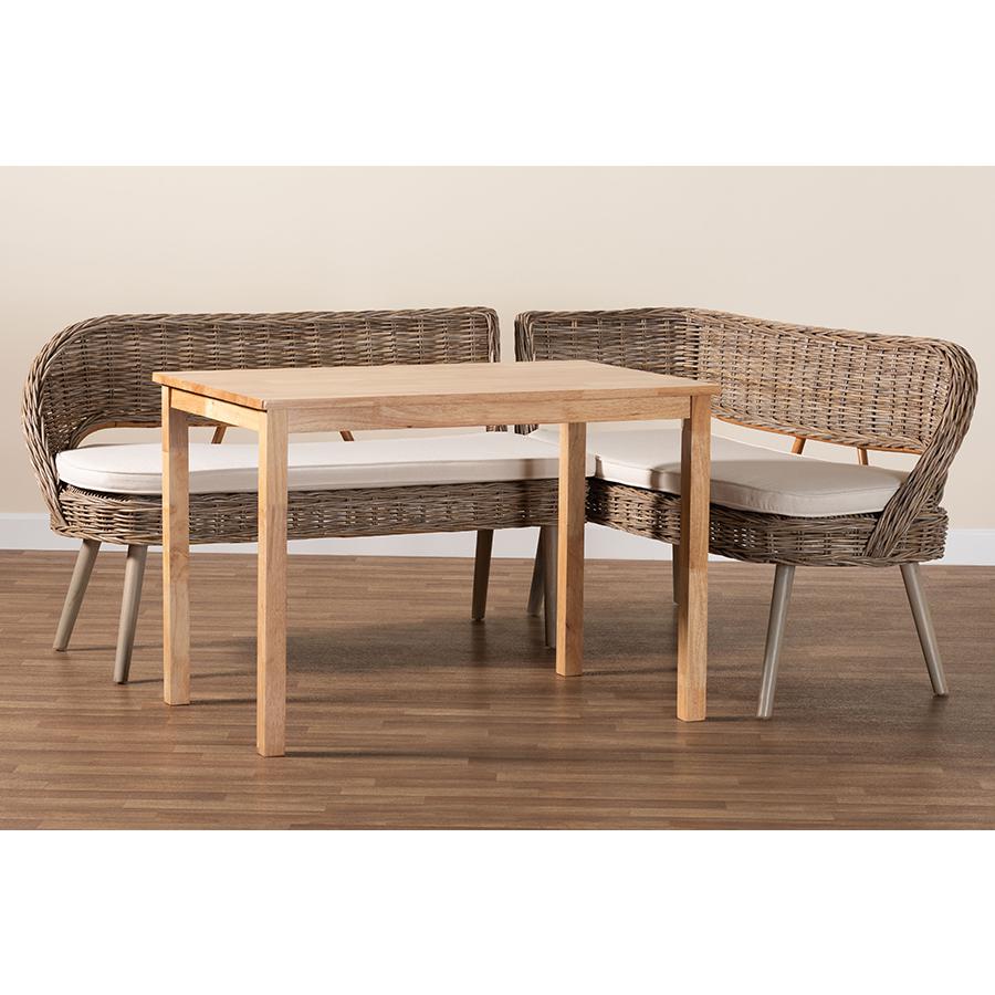 Modern Bohemian Natural Kubu Rattan Bench and Wood Table 3-Piece Dining Nook Set. Picture 10