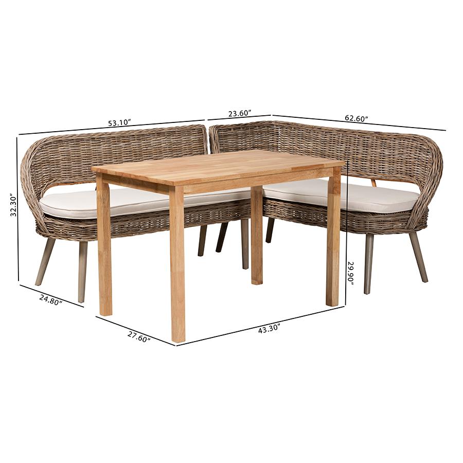 Modern Bohemian Natural Kubu Rattan Bench and Wood Table 3-Piece Dining Nook Set. Picture 11