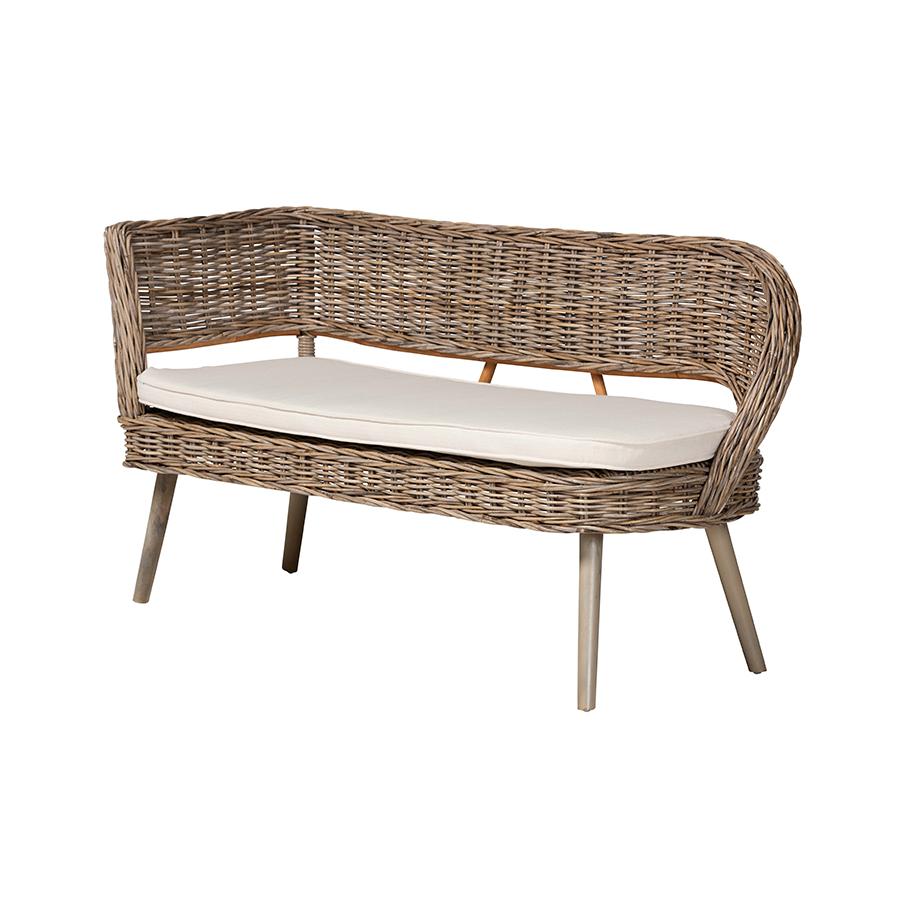 Modern Bohemian Natural Kubu Rattan Bench and Wood Table 3-Piece Dining Nook Set. Picture 3