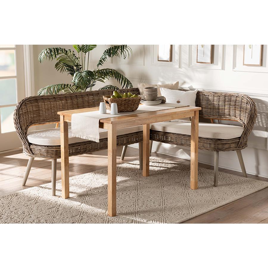 Modern Bohemian Natural Kubu Rattan Bench and Wood Table 3-Piece Dining Nook Set. Picture 9