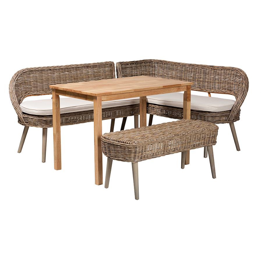 Modern Bohemian Natural Kubu Rattan Bench and Wood Table 4-Piece Dining Nook Set. Picture 1