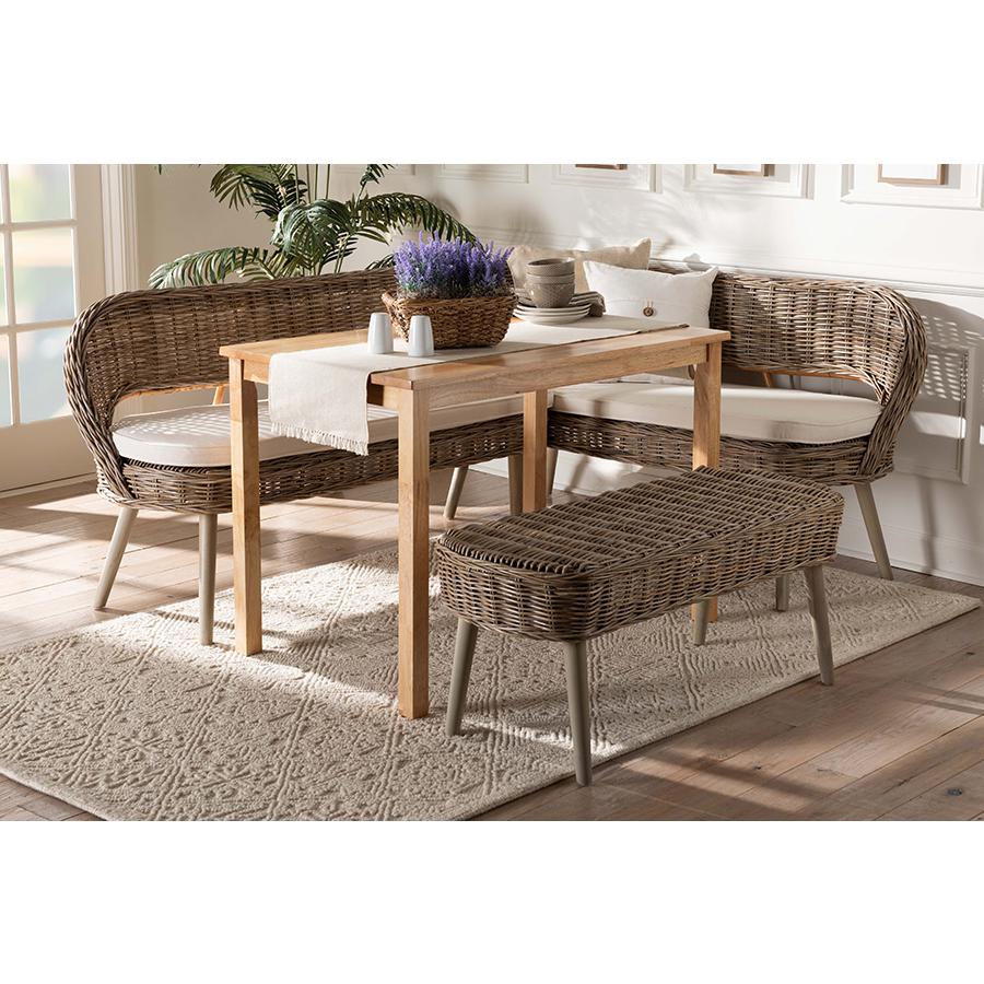 Modern Bohemian Natural Kubu Rattan Bench and Wood Table 4-Piece Dining Nook Set. Picture 10