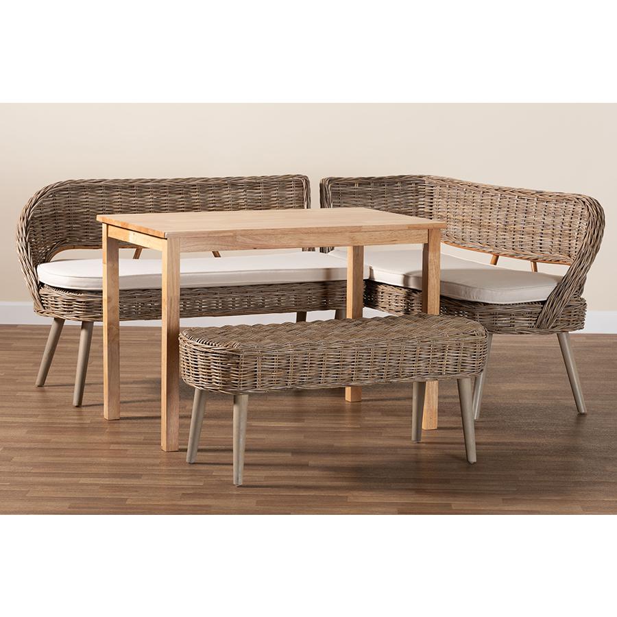 Modern Bohemian Natural Kubu Rattan Bench and Wood Table 4-Piece Dining Nook Set. Picture 11