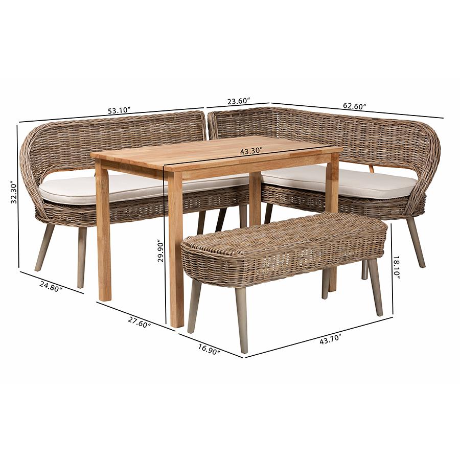 Modern Bohemian Natural Kubu Rattan Bench and Wood Table 4-Piece Dining Nook Set. Picture 12