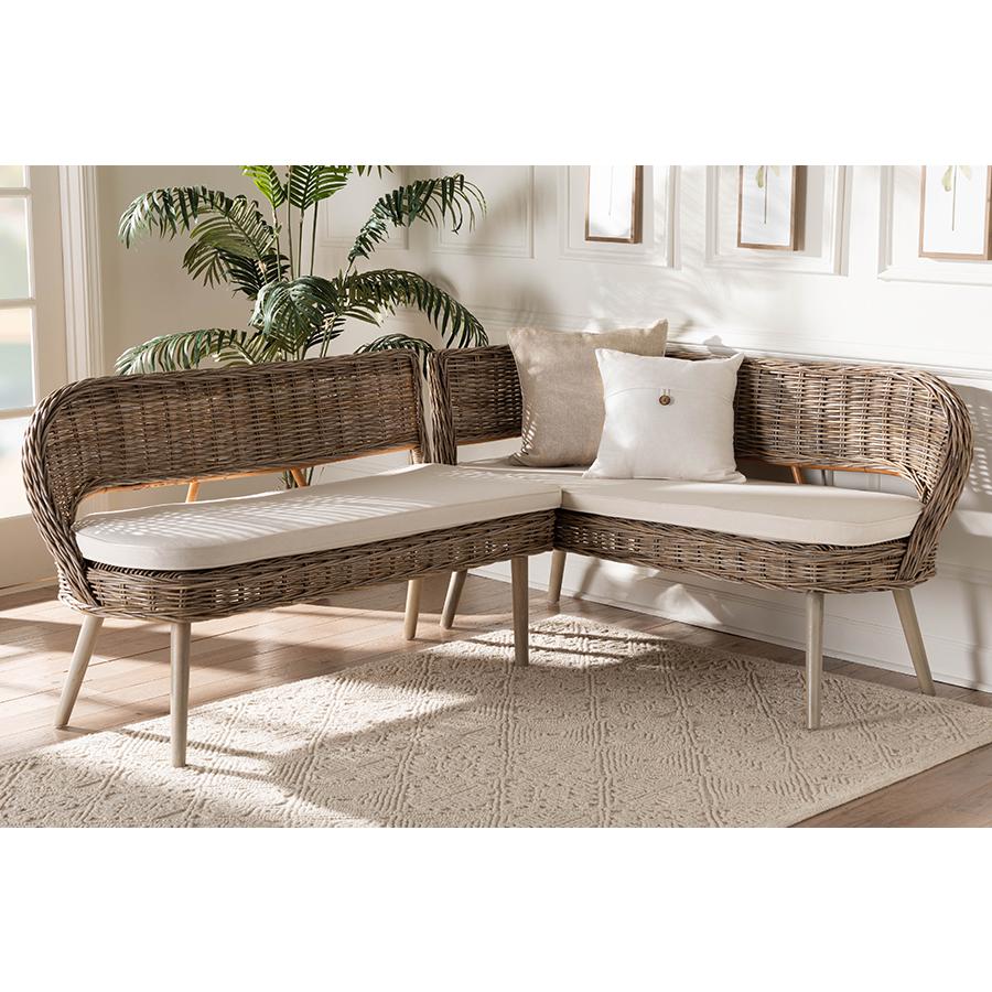 Natural Kubu Rattan and Grey Acacia Wood 2-Piece Dining Nook Banquette Set. Picture 7