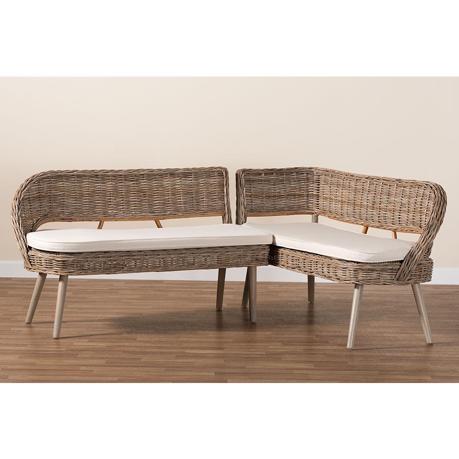 Natural Kubu Rattan and Grey Acacia Wood 2-Piece Dining Nook Banquette Set. Picture 8