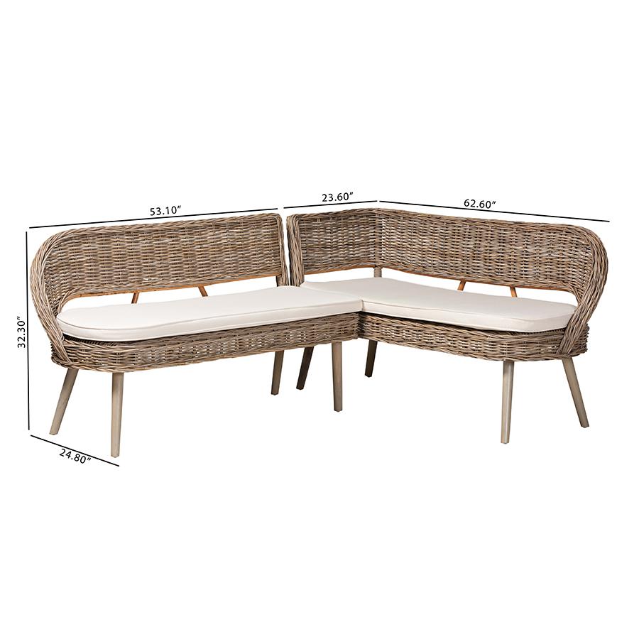 Natural Kubu Rattan and Grey Acacia Wood 2-Piece Dining Nook Banquette Set. Picture 9