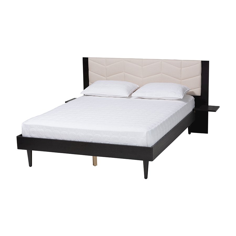 Beige Fabric and Black Wood Queen Size Bed with Built-In Side Tables. Picture 1