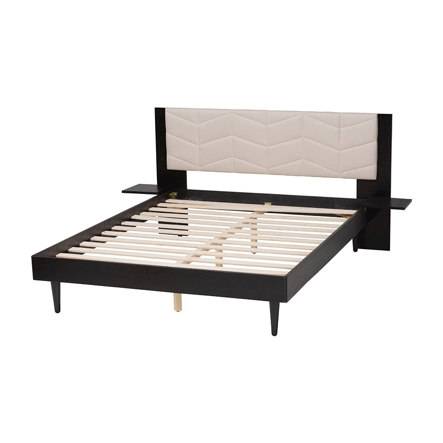 Beige Fabric and Black Wood Queen Size Bed with Built-In Side Tables. Picture 3