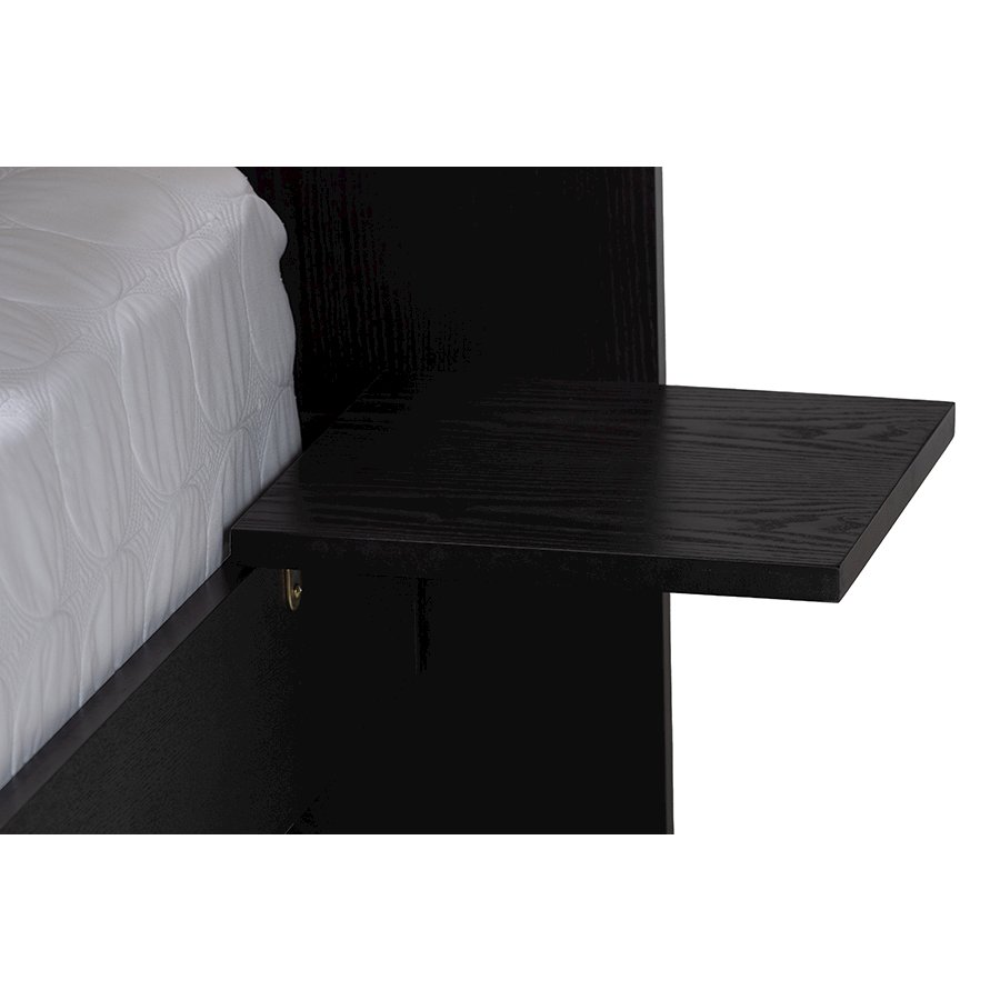 Beige Fabric and Black Wood Queen Size Bed with Built-In Side Tables. Picture 5