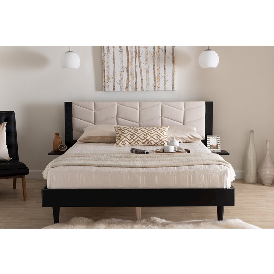 Beige Fabric and Black Wood Queen Size Bed with Built-In Side Tables. Picture 9