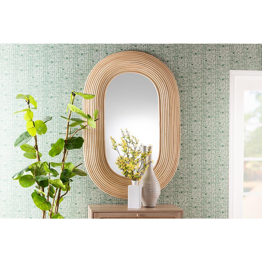 Drucilla Modern Bohemian Natural Brown Rattan Oval Accent Wall Mirror. Picture 4
