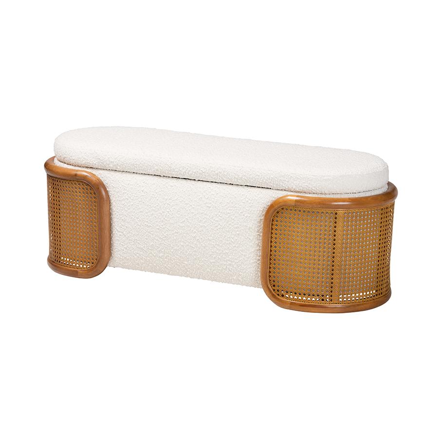 Baxton Studio Basira Japandi Cream Boucle Fabric Storage Bench with Woven Rattan. Picture 1