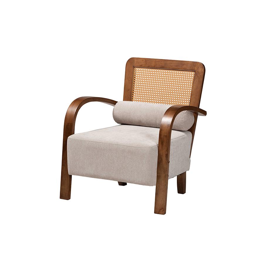Modern Japandi Light Grey Fabric and Walnut Brown Finished Wood Arm Chair. Picture 1