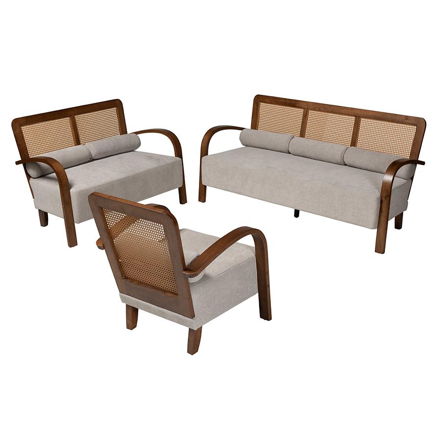 Japandi Light Grey Fabric and Walnut Brown Finished Wood 3-Piece Living Room Set. Picture 1