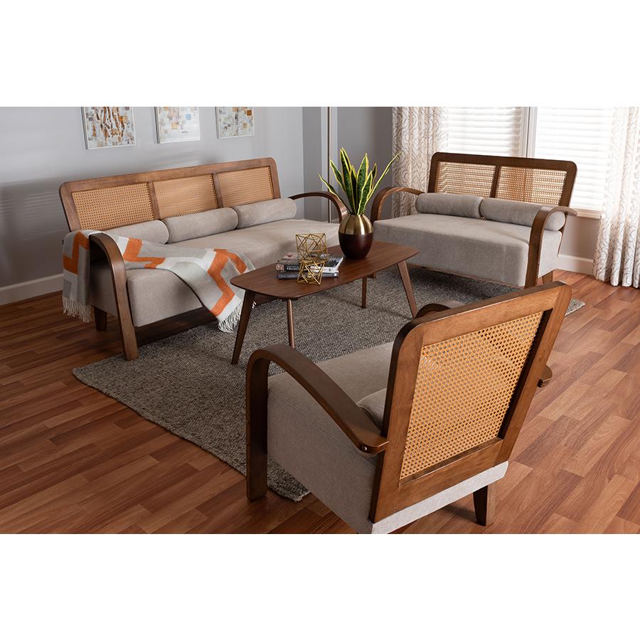 Japandi Light Grey Fabric and Walnut Brown Finished Wood 3-Piece Living Room Set. Picture 8