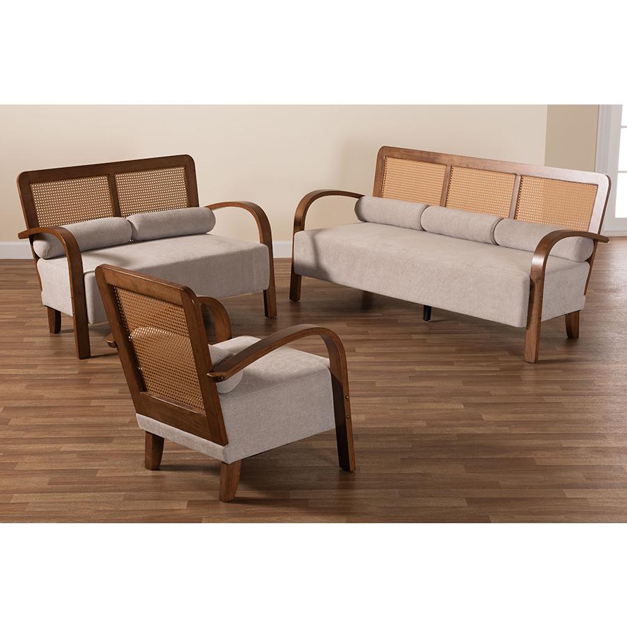 Japandi Light Grey Fabric and Walnut Brown Finished Wood 3-Piece Living Room Set. Picture 9