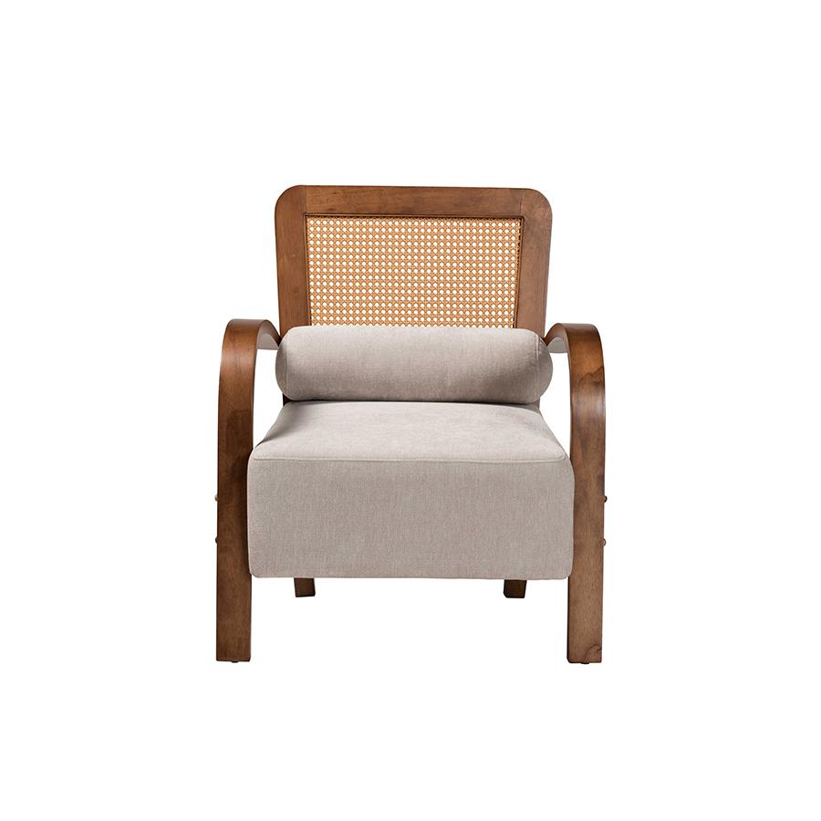 Modern Japandi Light Grey Fabric and Walnut Brown Finished Wood Arm Chair. Picture 2