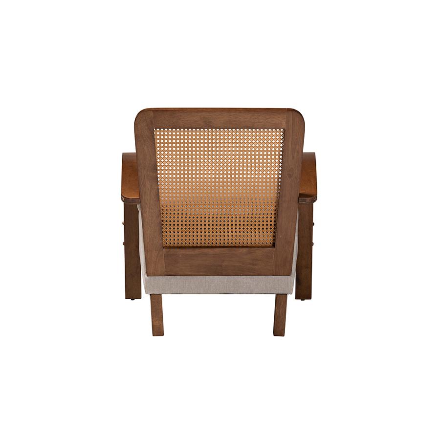 Modern Japandi Light Grey Fabric and Walnut Brown Finished Wood Arm Chair. Picture 4