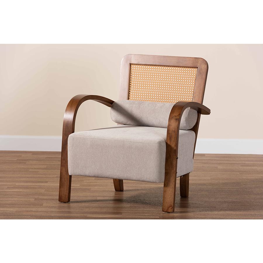 Modern Japandi Light Grey Fabric and Walnut Brown Finished Wood Arm Chair. Picture 9