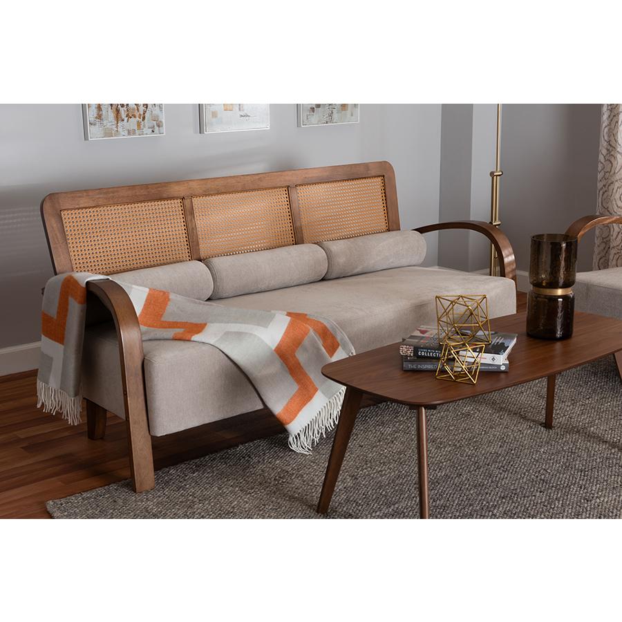 Sage Modern Japandi Light Grey Fabric and Walnut Brown Finished Wood Sofa. Picture 8