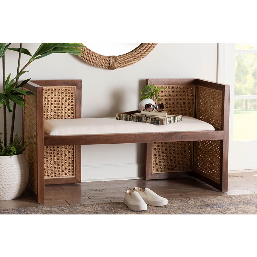 Lovina Bohemian Light Honey Rattan and Acacia Wood Accent Bench. Picture 8