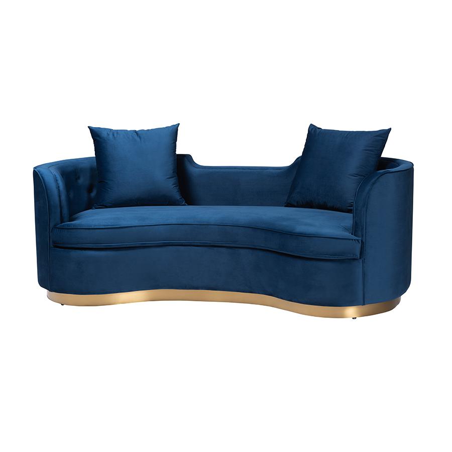 Deserae Glam and Luxe Navy Blue Velvet and Brushed Gold Metal Sofa. Picture 1