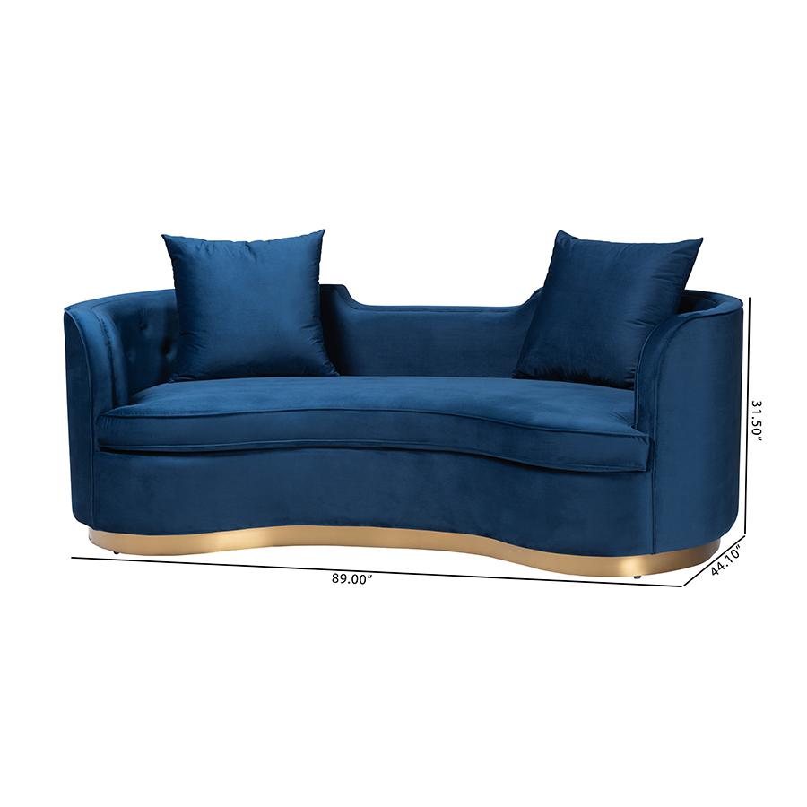 Deserae Glam and Luxe Navy Blue Velvet and Brushed Gold Metal Sofa. Picture 10