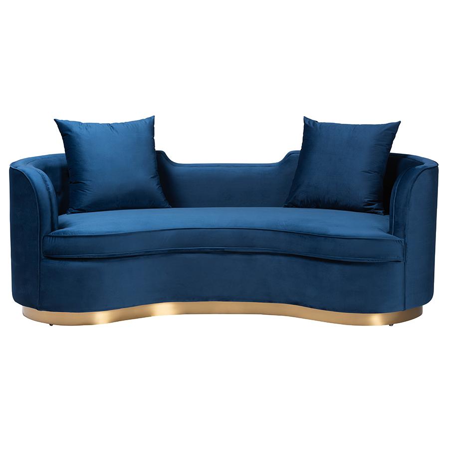 Deserae Glam and Luxe Navy Blue Velvet and Brushed Gold Metal Sofa. Picture 2