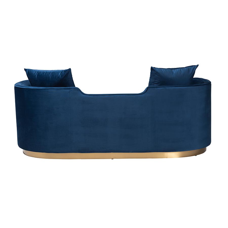 Deserae Glam and Luxe Navy Blue Velvet and Brushed Gold Metal Sofa. Picture 4