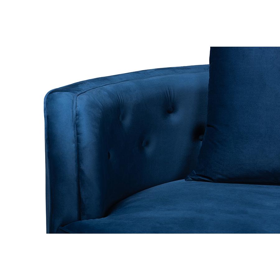 Deserae Glam and Luxe Navy Blue Velvet and Brushed Gold Metal Sofa. Picture 5