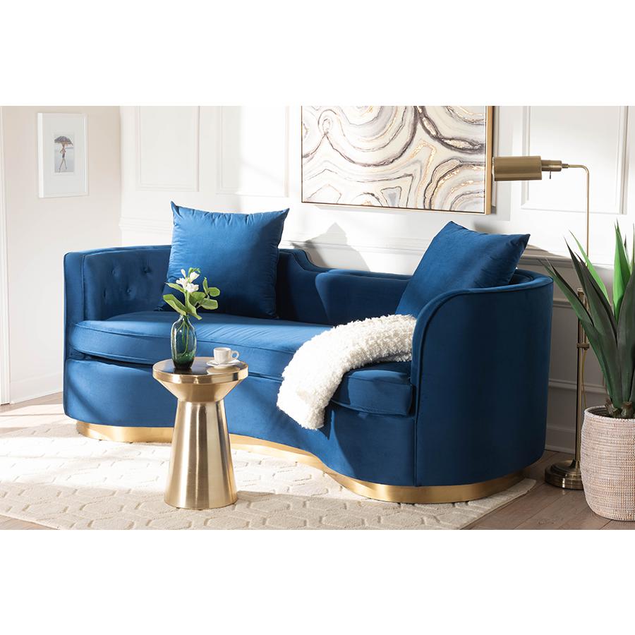 Deserae Glam and Luxe Navy Blue Velvet and Brushed Gold Metal Sofa. Picture 8