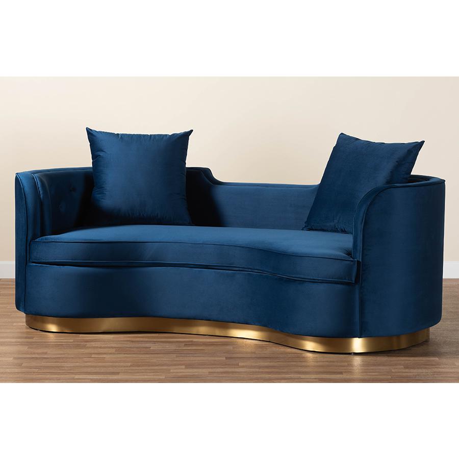 Deserae Glam and Luxe Navy Blue Velvet and Brushed Gold Metal Sofa. Picture 9