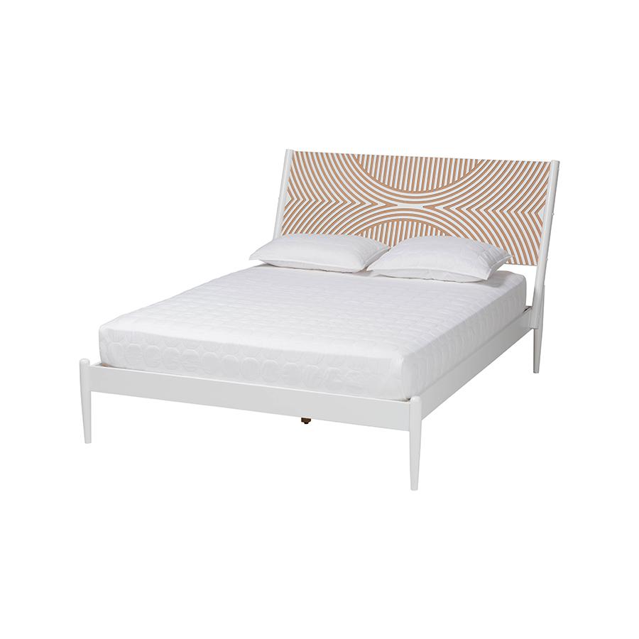 Louetta Coastal White Queen Size Platform Bed with Carved Contrasting Headboard. Picture 1