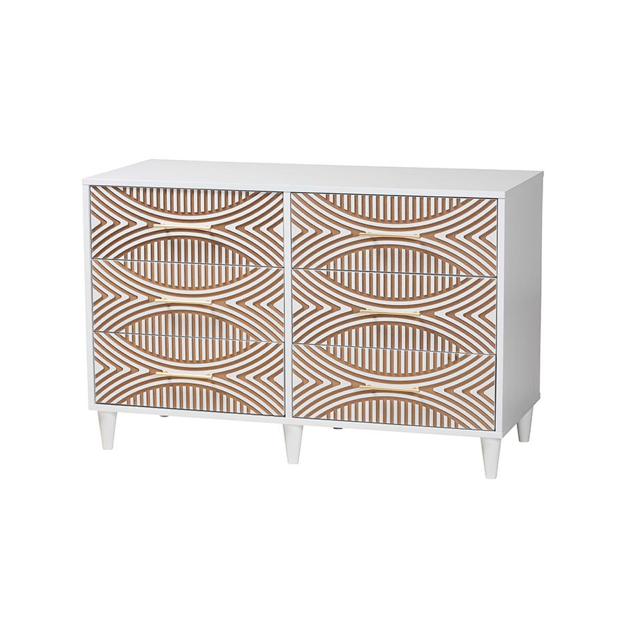Louetta Coastal White Carved Contrasting 6-Drawer Dresser. Picture 1