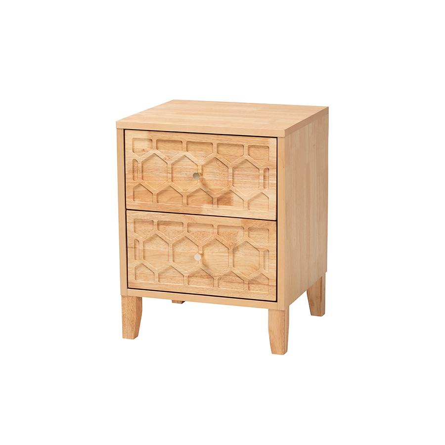 Hosea Japandi Carved Honeycomb Natural 2-Drawer Nightstand. Picture 1