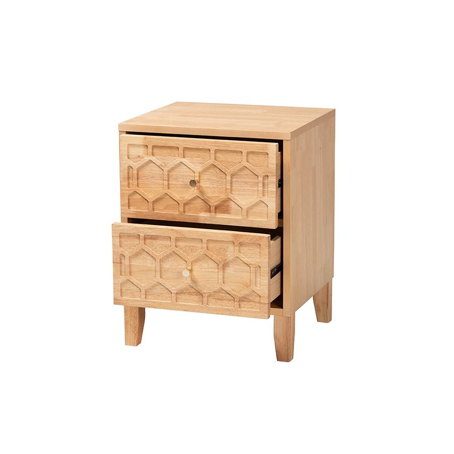 Hosea Japandi Carved Honeycomb Natural 2-Drawer Nightstand. Picture 2