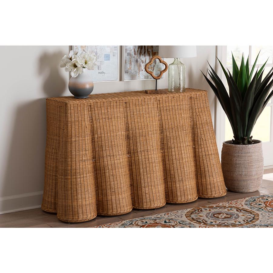 Palm Bohemian Honey Scallop Rattan Console Table. Picture 7