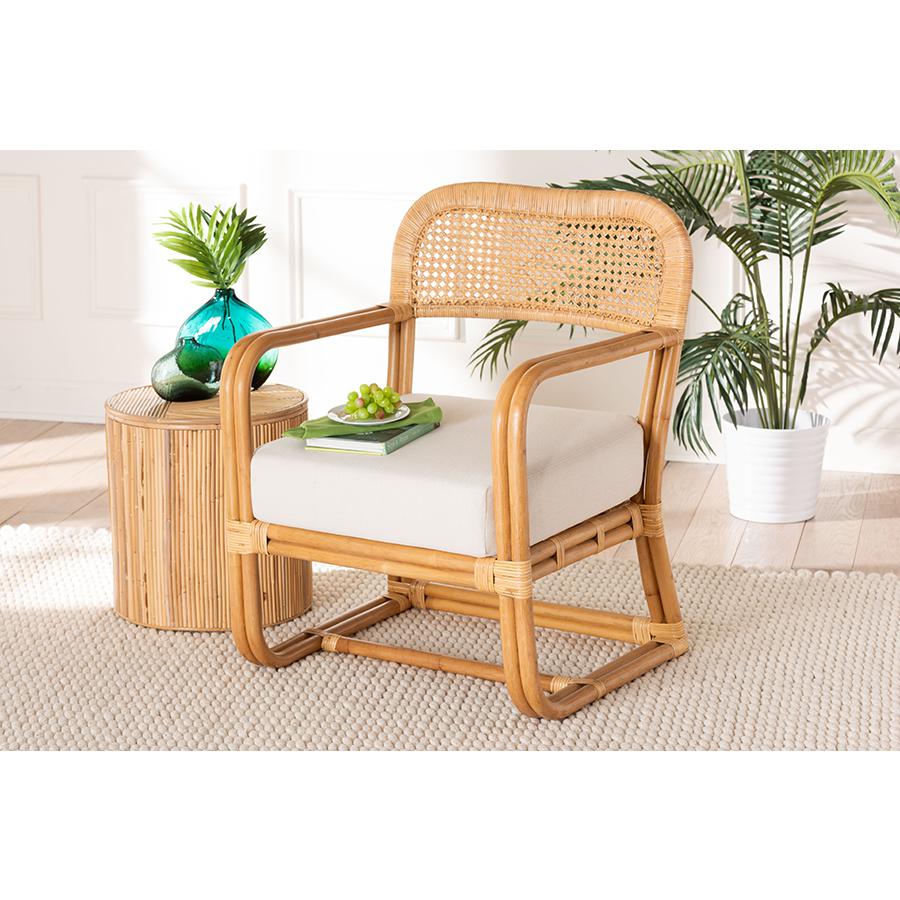 Ailith Modern Bohemian Light Honey Rattan Arm Chair. Picture 8