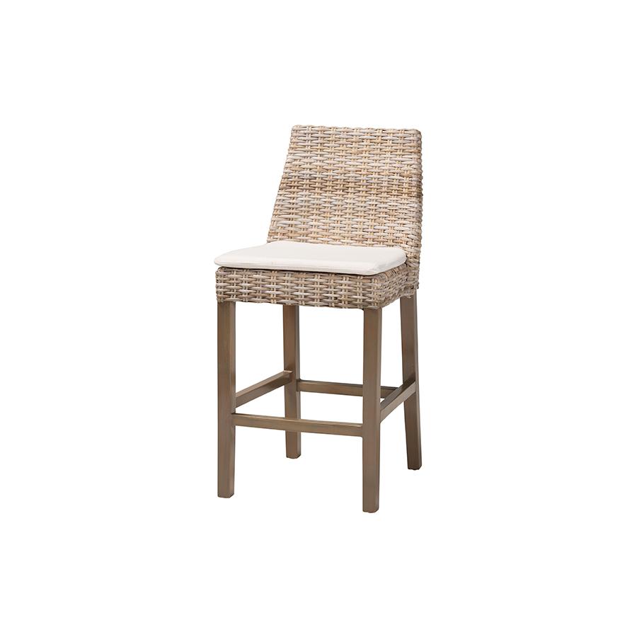 Bohemian Grey Kubu Rattan and Rustic Taupe Finished Mahogany Wood Counter Stool. Picture 1