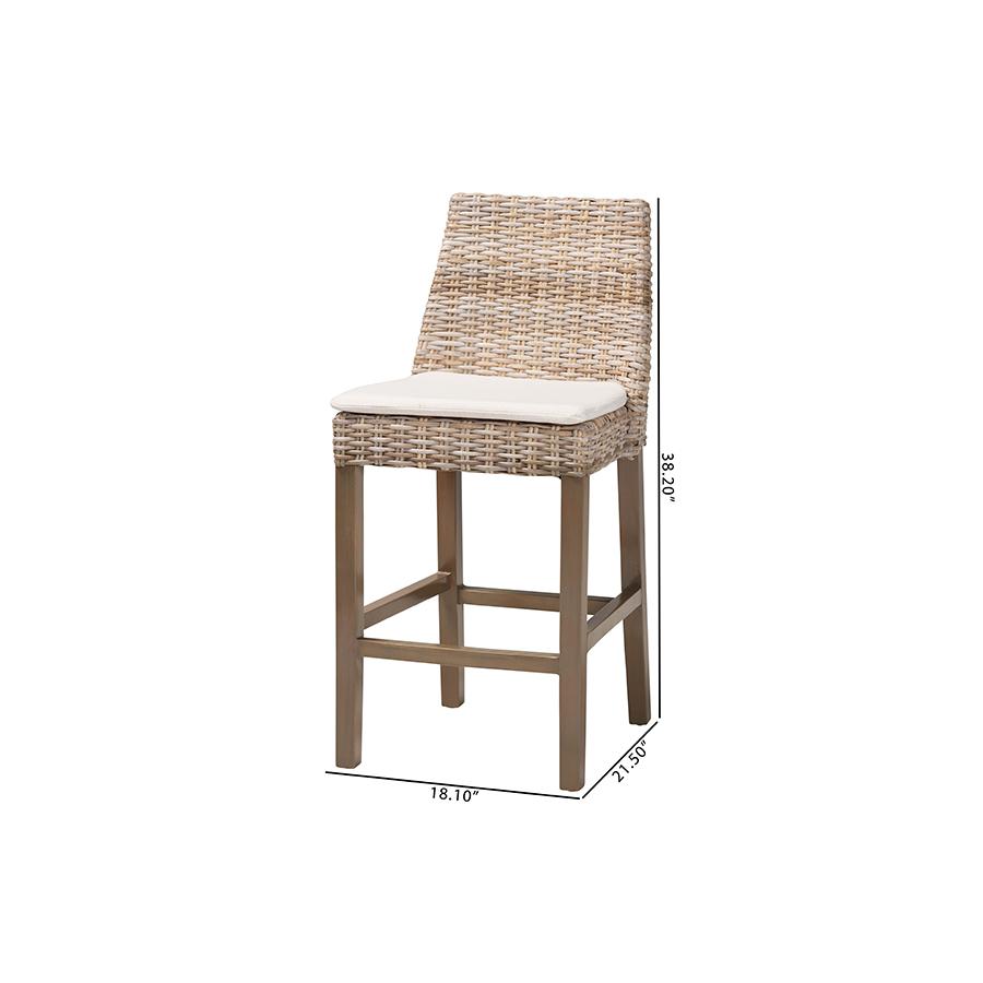 Bohemian Grey Kubu Rattan and Rustic Taupe Finished Mahogany Wood Counter Stool. Picture 10