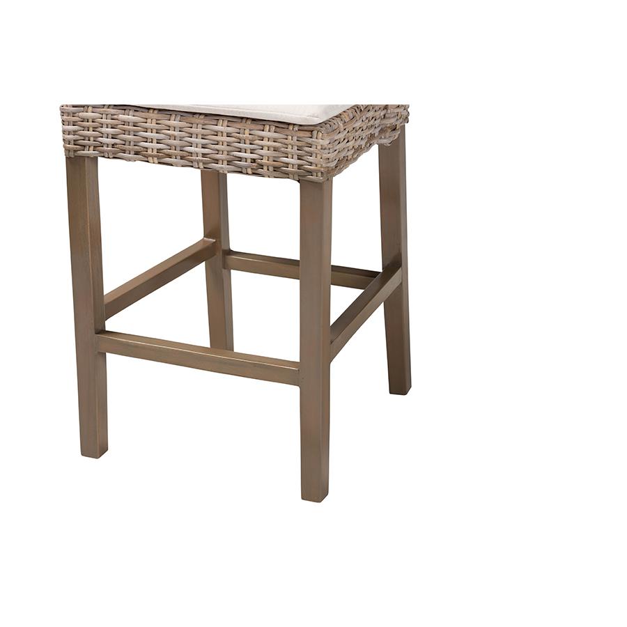 Bohemian Grey Kubu Rattan and Rustic Taupe Finished Mahogany Wood Counter Stool. Picture 6