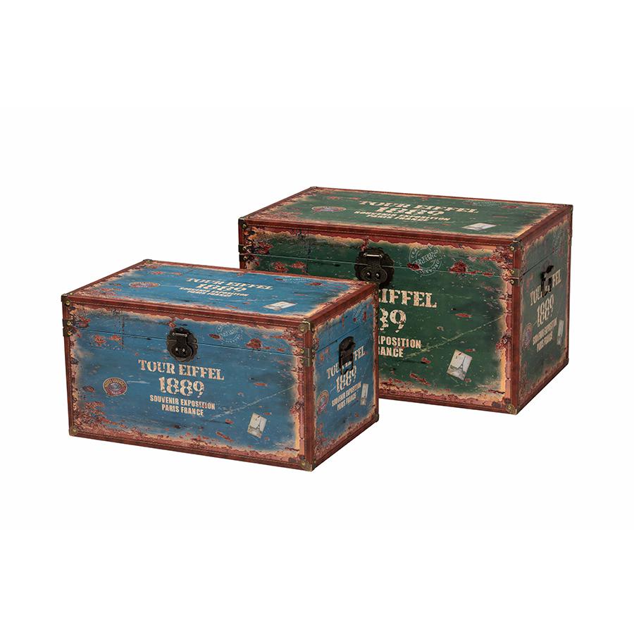 Sabeen Vintage Parisian Faux Leather and Wood 2-Piece Storage Trunk Set. Picture 1