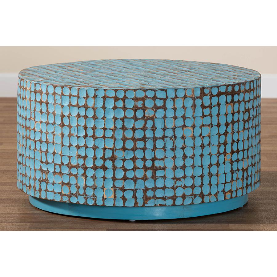 Kaloni Bohemian Sky Blue Coconut Shell and Acacia Wood Coffee Table. Picture 7