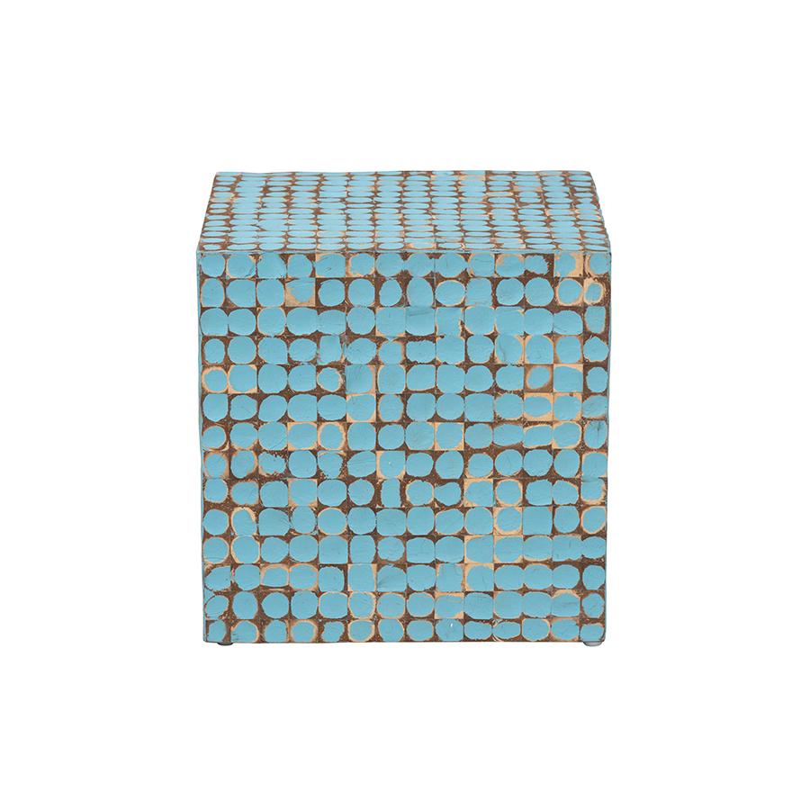 Janella Bohemian Sky Blue Coconut Shell and Acacia Wood End Table. Picture 2