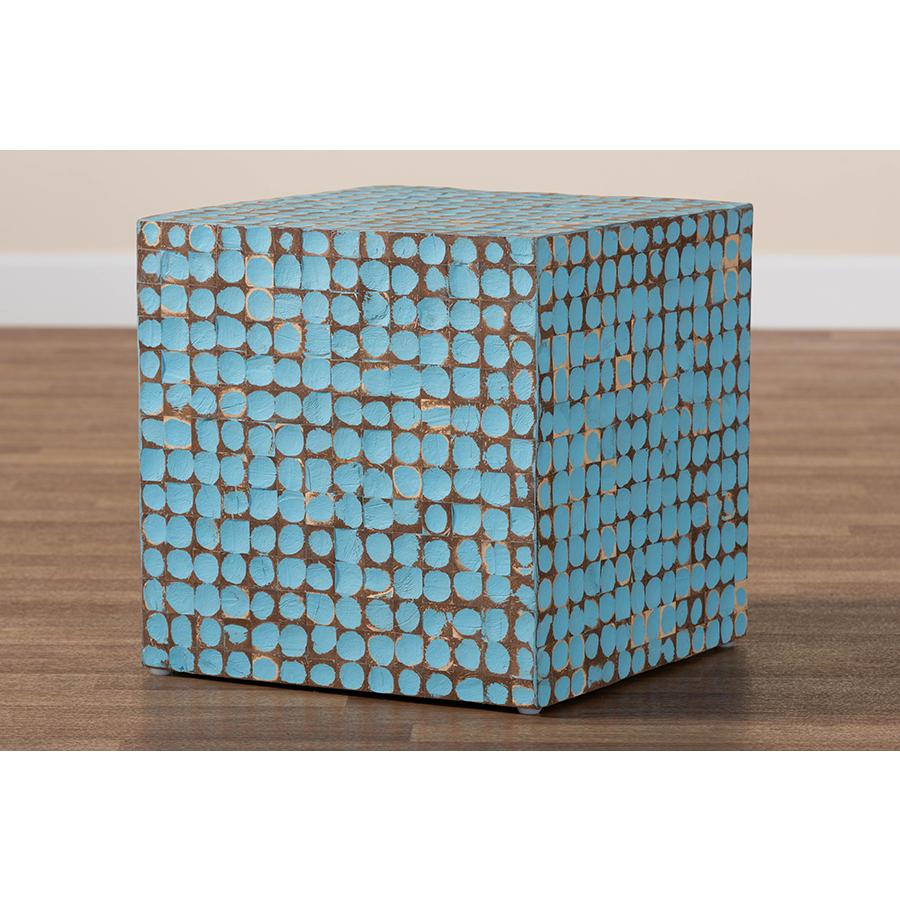Janella Bohemian Sky Blue Coconut Shell and Acacia Wood End Table. Picture 7