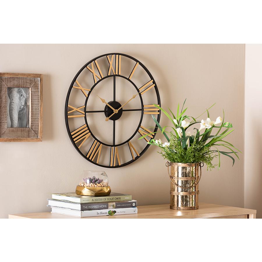 Baxton Studio Auden Modern Industrial Two-Tone Black and Gold Metal Wall Clock. Picture 3