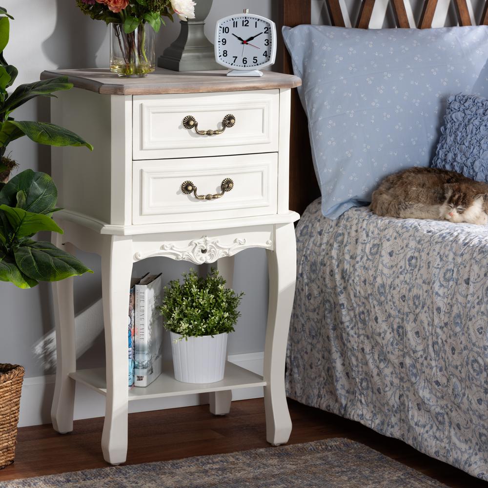 Baxton Studio Amalie Antique French Country Cottage Two-Tone White and Oak Finished 2-Drawer Wood Nightstand. Picture 9