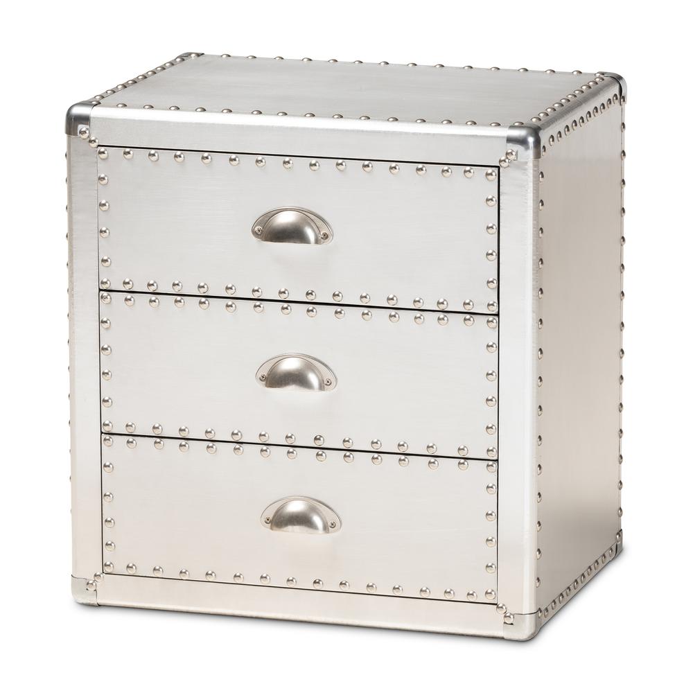 Baxton Studio Armel French Industrial Silver Metal 3-Drawer Nightstand. Picture 11