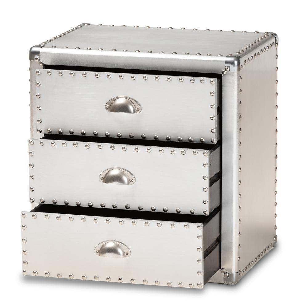Baxton Studio Armel French Industrial Silver Metal 3-Drawer Nightstand. Picture 12